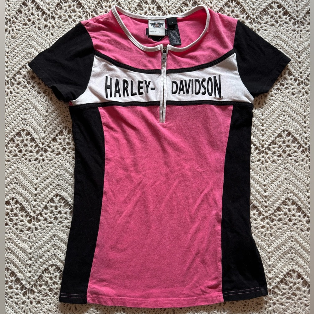 Vintage Harley-Davidson Women's Y2K Color-block Half-Zip Graphic Tee Size Small